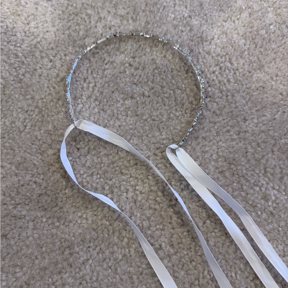 Windsor Silver Headband with White Ribbons for Wedding